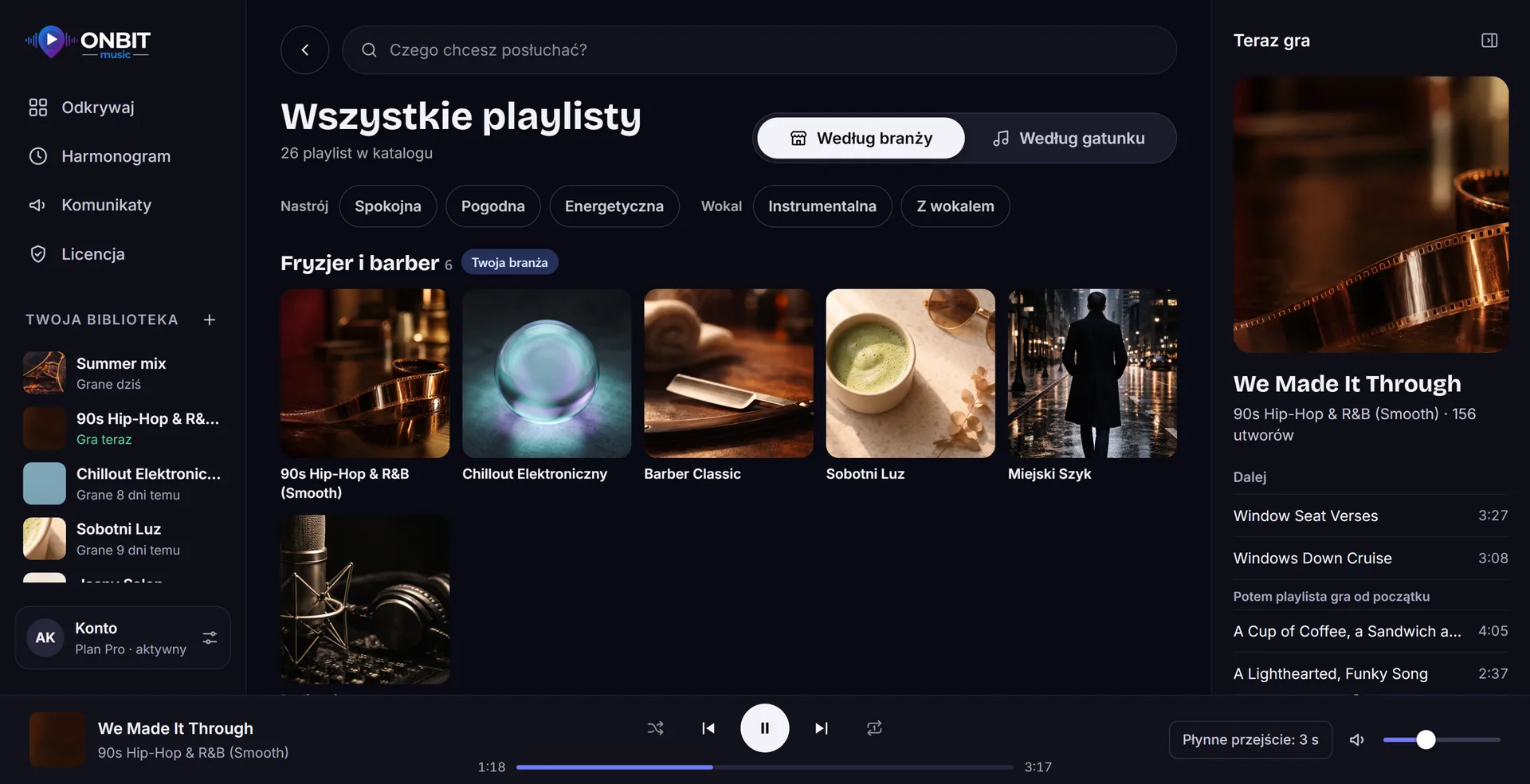 Wszystkie playlisty w Onbit Music z filtrami nastroju i wokalu