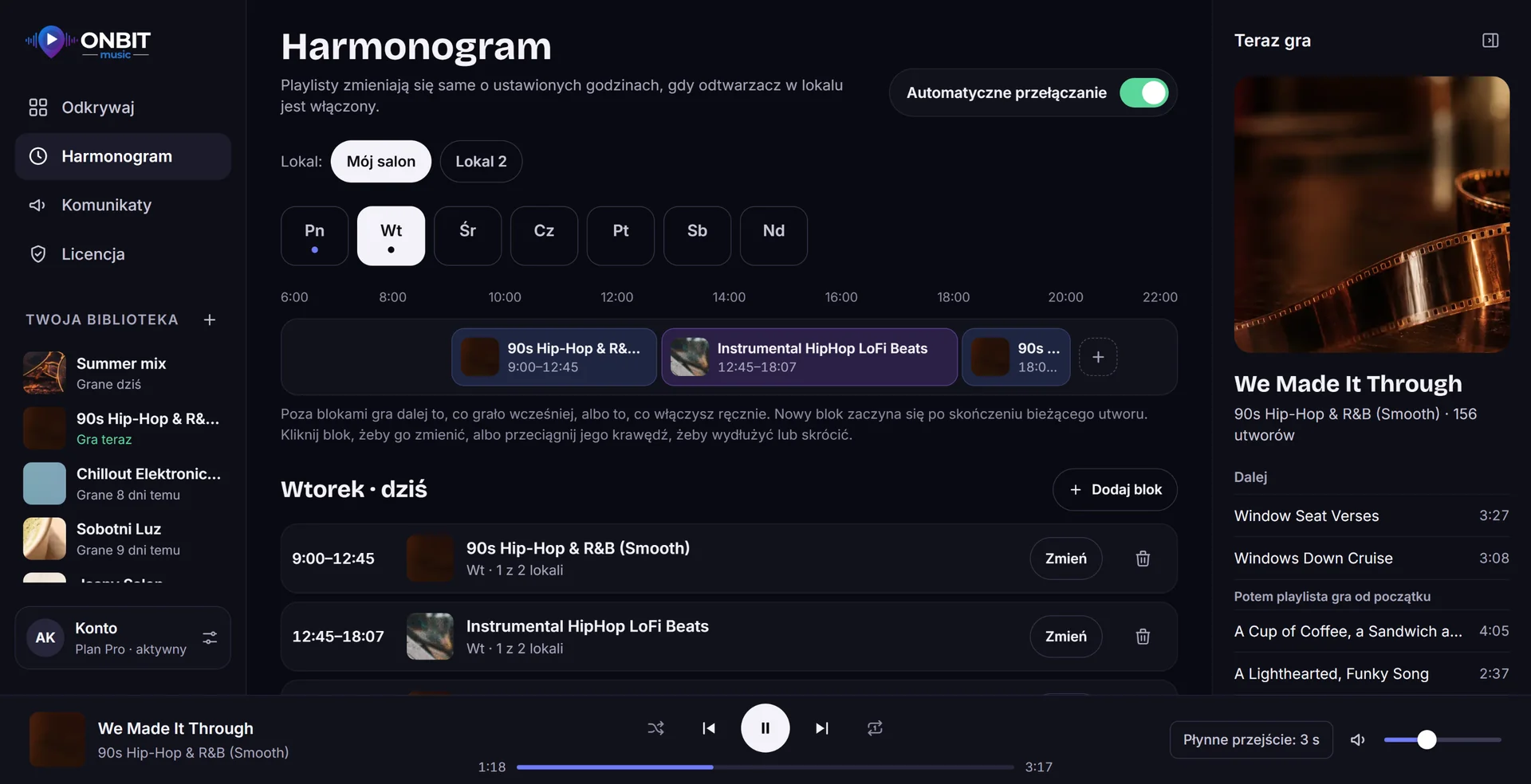 Harmonogram muzyki w Onbit Music: oś dnia z blokami playlist