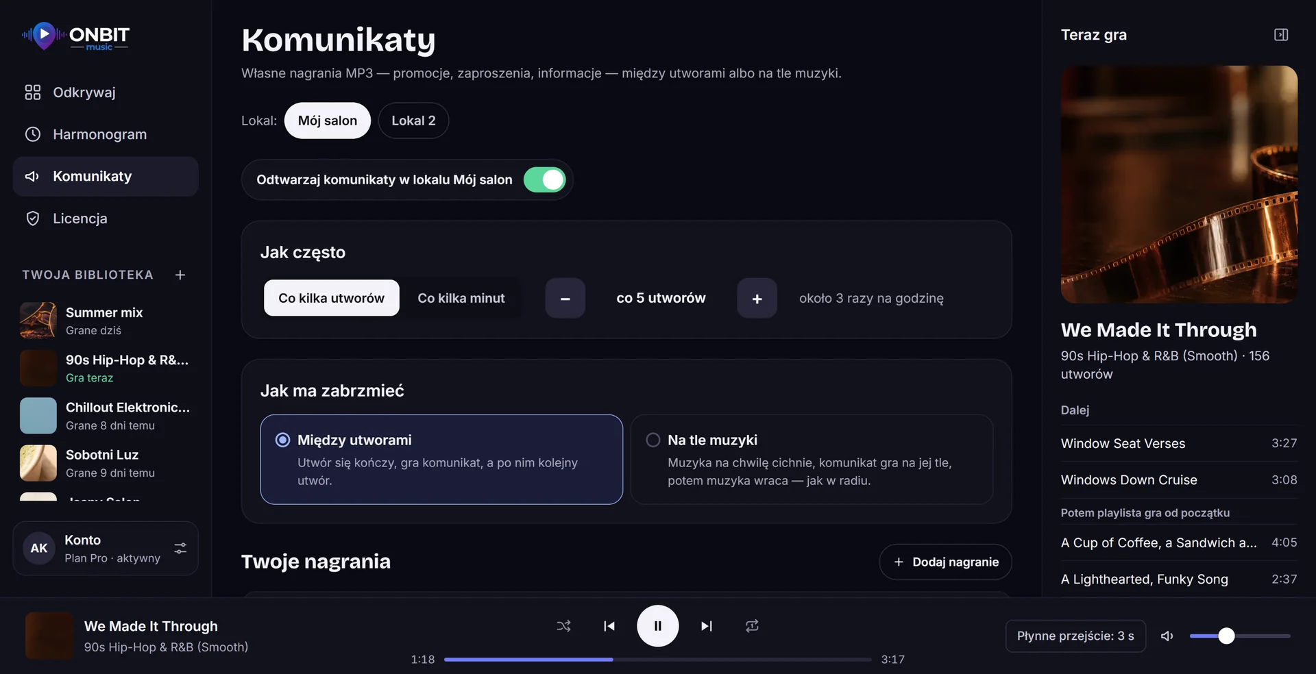 Komunikaty w lokalu w Onbit Music: jak często i jak mają zabrzmieć