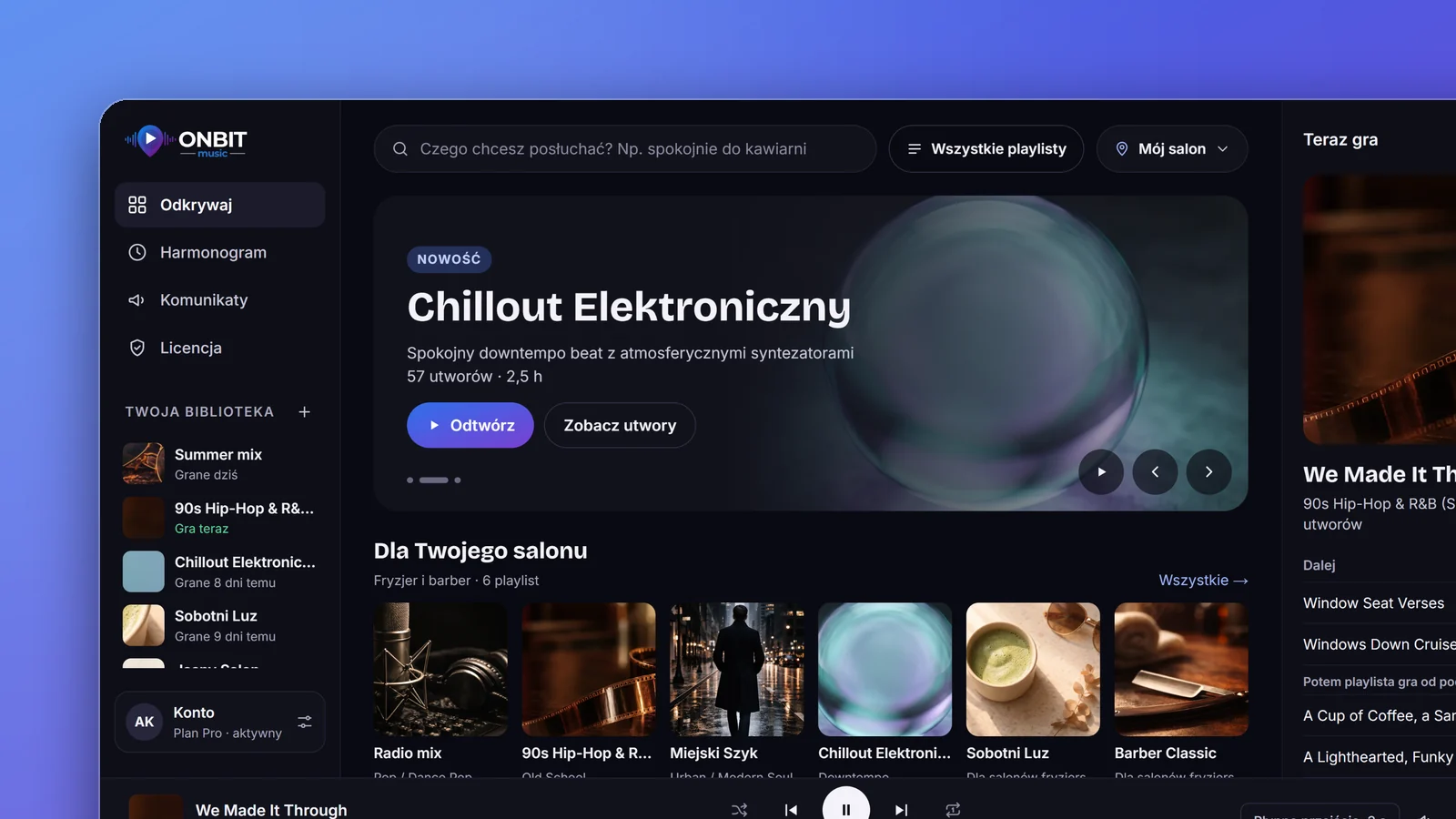 Nowa wersja aplikacji Onbit Music: ekran Odkrywaj z odtwarzaczem